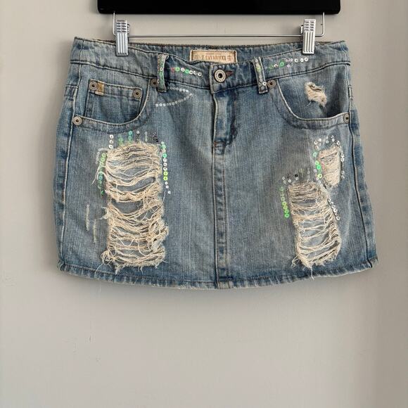 Y2K Z. Cavaricci Distressed Denim Sequin Mini Skirt 100% Cotton Size 5 / Small - Picture 2 of 10